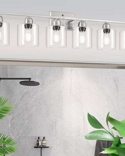 Modern Brushed Nickel 6 Light Bathroom Light Fixtures,38 inch Vanity Lights for Bathroom with Clear Glass, Vanity Light for Mirror Kitchen Living Room Hallway Cabinet Porch