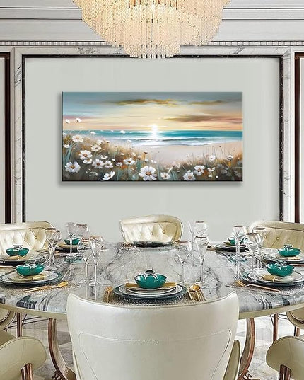 LKY ART Sunset Beach Wall Art Canvas White Flowers Canvas Prints Home Decor Painting for Living Room Bedroom Office Seascape Natural Landscape Wall Decor Ready to Hang