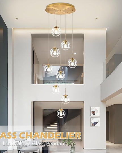 KoKo&Yukina 9-Light Globe Glass Pendant Light Adjustable Length Pendant Lights Fixtures Modern Gold Clear Globe Glass Chandelier High Ceiling Lights Fixtures for Foyer Staircase (Bulb & Remote Incl)
