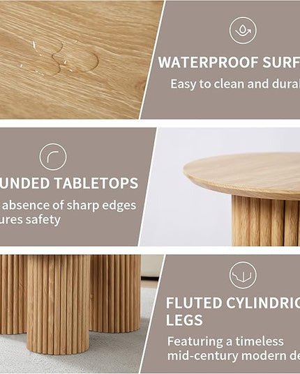 Round Nesting Coffee Table Set of 3,Mid Century Modern Fluted Coffee and End Table Set,Small Circle Wooden Side Table Drink Table for Living Room (Natural)