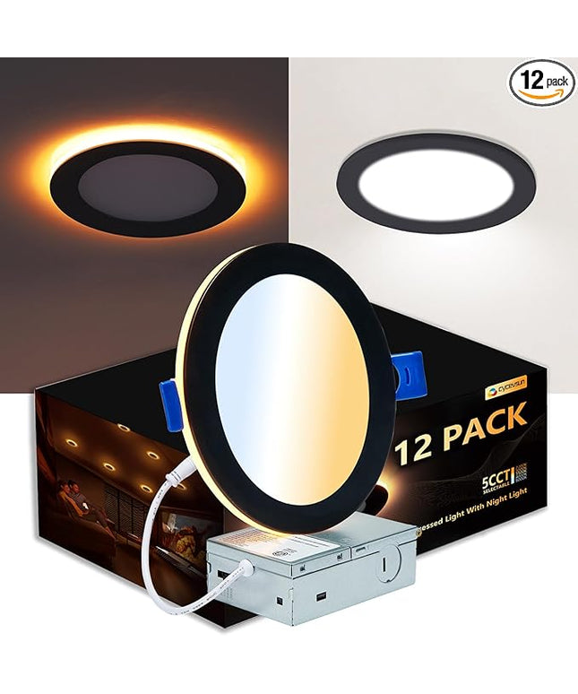 CycevSun 12 Pack Black Recessed Lights 6 Inch with Night Light, Canless Ultra Thin Wafer Downlight Indoor Outdoor Exterior Soffit, Dimmable & 5 Color Selectable, 12W, ETL Listed