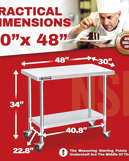 DuraSteel 30x48 NSF Stainless Steel Cart - Heavy Duty Food Prep Table with Undershelf - Rolling Kitchen Island on Wheels for Commercial Restaurant Kitchen, Garage, Outdoor Cooking, BBQ Grill, Counter