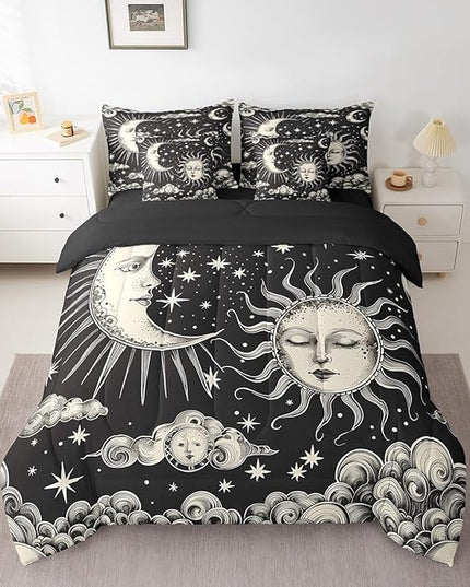 Feelyou Sun Moon Trippy Comforter Set King Size 7 Pieces Bohemian Style Bedding Set Cosmic Celestial Bed Set Bed in a Bag with Comforter, Sheets, Pillowcases & Cushion Covers