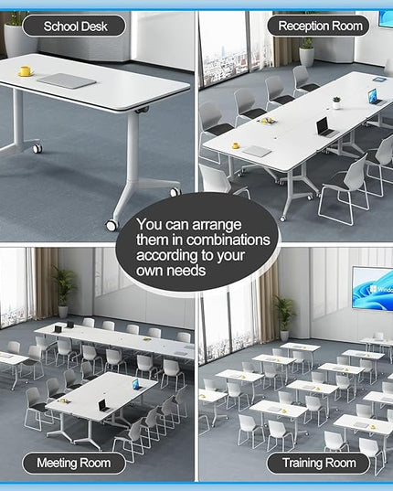 Conference Table, Folding Conference Room Tables on Wheels, Modern Meeting Seminar Table Computer Desk, Boardroom Desk for Office Meeting Conference Room,White,2 Pack 70.8inch