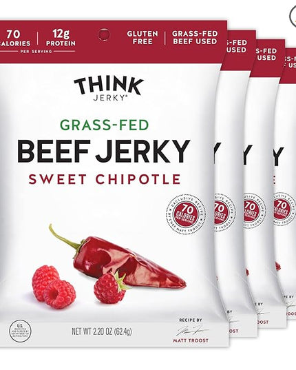 Think Jerky Sweet Chipotle Beef Jerky, Grass-Fed High Protein Beef Jerky, Gluten Free, No Antibiotics or Nitrates, Healthy Chef Crafted Recipe, Low Calorie and Low Fat - 2.2 oz Bags, 4 Pack