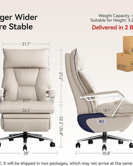 M80A Dual Motor Electric Executive Office Chair with Footrest, Comfortable Reclining Office Chair Wide Seat, Big and Tall Ergonomic Leather Home Office Desk Chair (Beige,Multi-Functionality)