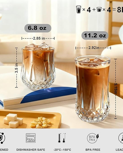 Ruckae Drinking Glasses Set of 8,11 oz and 7 oz Kitchen Water Glass Cups Set,Clear Curvature Glassware Dishwasher Safe,Mixed Drinkware for Beer,Juice,Cocktail,Whiskey,Milk and Various Mixed Drinks
