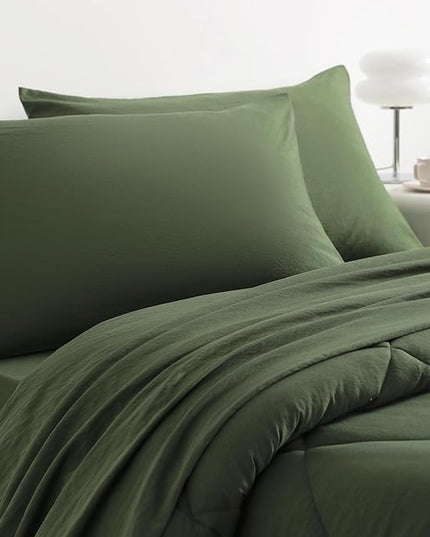 NTBAY Twin Comforter Set with Sheets, 5 Pieces Soft and Breathable Twin Bedding Set, Twin Bed in a Bag, Down Alternative Comforter Set Solid Color All Season, Kids Bedding Set, Olive Green