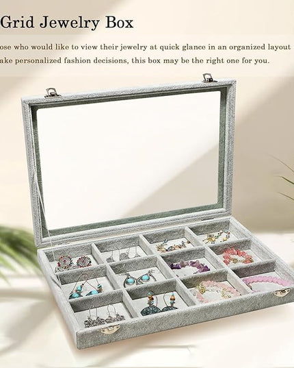 Stratalife Jewelry Holder Organizer Jewelry Organizer Box Bracelet Storage Velvet Jewelry Tray with Clear Lid Jewelry Drawer Organizer Jewelry Display Tray 12 Grid Grey