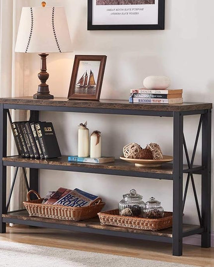 BON AUGURE Industrial Sofa Console Table for Entryway, 3 Tier Foyer Table for Hallway, Rustic Hall Tables Behind Couch (47 Inch, Rustic Brown)