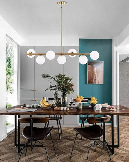 7 Lights Modern Sputnik Chandelier Globe White Glass Shade Brass Linear Mid Century Farmhouse Pendant Light Fixture for Kitchen Island Bedroom Dining Lighting (Gold)