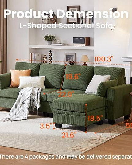 CHIC HOUSE Corduroy Modular Sectional Couch with Ottoman Chaise, L/U Shaped Sleeper Sofa for Living Room, Apartment, Lounge, Modern Armrest Neck Support Furniture (5 Seater Sectional, Green)