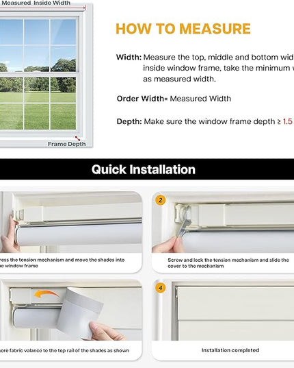 LazBlinds No Drill Blinds for Indoor Windows, Blackout Roller Shades, Cordless Window Blackout Blinds, Thermal Insulated Fabric UV Protection for Home and Office, 31" W x 48" H, White