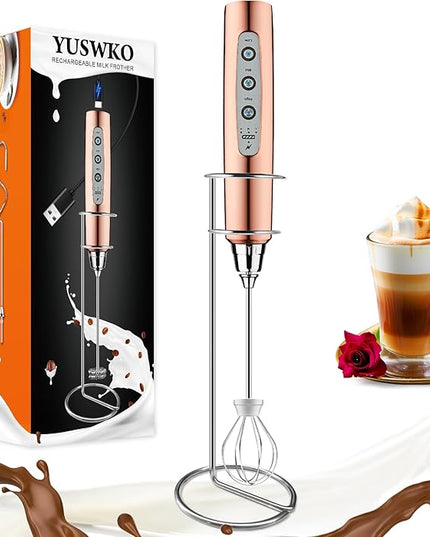 YUSWKO Rose Gold Handheld Milk Frother Wand with Stand for Coffee, Rechargeable Electric Whisk with 3 Heads 3 Speeds Drink Mixer Coffee Frother For Latte, Cappuccino, Hot Chocolate, Egg