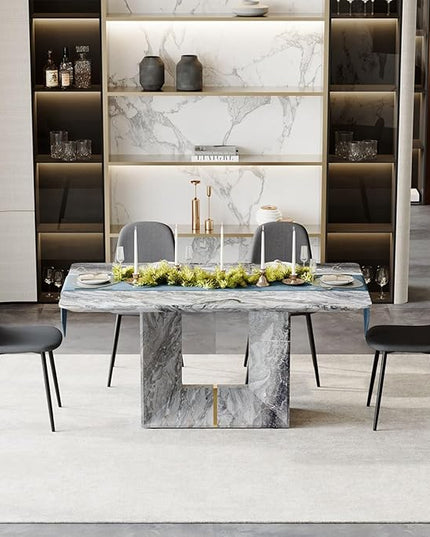 Dinner Table Set for 4, 5 Piece Dining Table Set with Chairs, 63" Faux Marble Modern Table with 4 Linen Fabric Chairs, for Kitchen & Dining Room