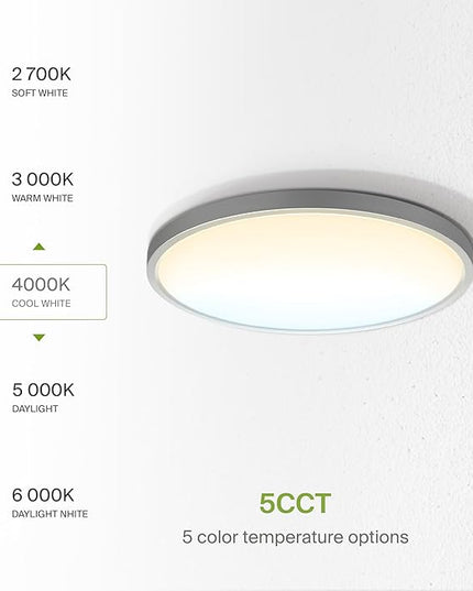 ASD LED 12" Round Flush Mount Ceiling Light Fixture, Low Profile Surface Lighting | 5CCT, Dimmable, Ultra-Thin, ETL Listed | 24W 1900LM 2700-6000K 120V | Kitchen, Bedroom, Hallway Lamp | Nickel
