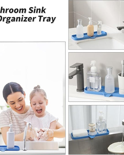 Silicone Bathroom Soap Dishes with Drain Spout-Bathroom and Kitchen Sink Organizer,Sponge Holder,Dish Soap Tray,Perfect for Dispenser,Scrubber,Bottle,Cup on Sink or Counter-Lichen Blue 12"×4"
