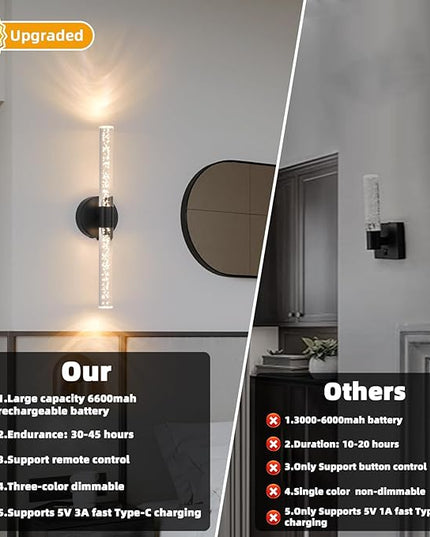 Battery Operated Wall Sconces Set of 2, Black 20'' Rechargeable Crystal Bubble Wall Sconce with Remote Control, 3000K-6000K Dimmable LED Wireless Wall Lights for Living Room Bedroom Bathroom Hallway
