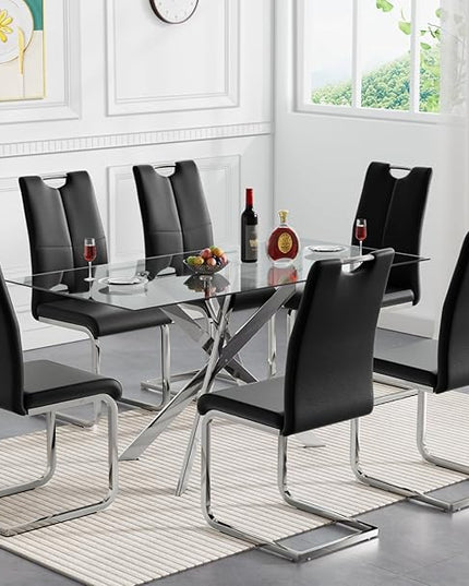 7 Piece Glass Dining Table Set, Glass Kitchen Dining Room Table Set for 6, Modern 51" Rectangular Silver Glass Metal Dining Table with 6 Black Leather Dining Chairs for Kitchen Dining Room