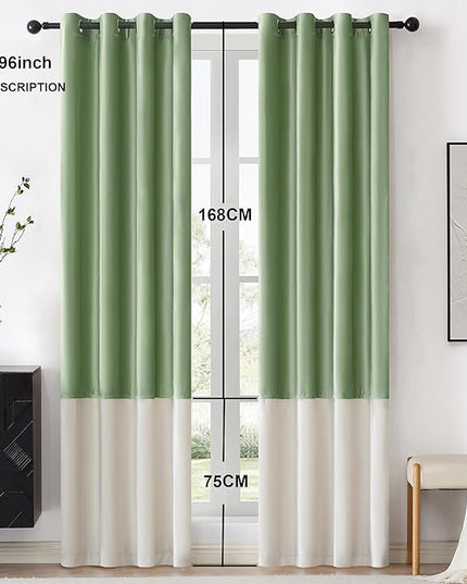 BULBUL Color Block Window Curtains Panels 96 inches Long Sage Green Ivory Velvet Farmhouse Drapes for Bedroom Living Room Darkening Treatment with Grommet Set of 2