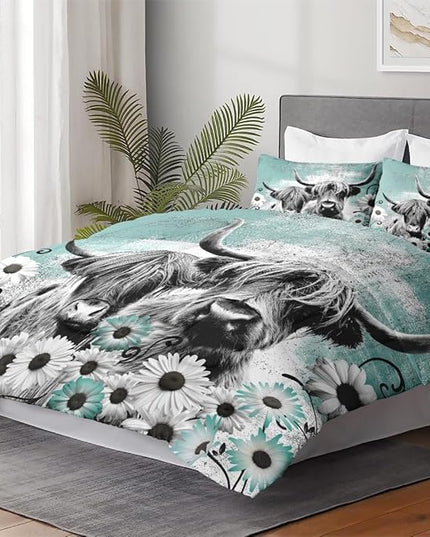 Comforter Set Full Size with 2 Pillowcases, Highland Cow Animal 3 Pcs Bedding for Kids and Adults, Farm Daisy Soft Comforter Set for Bedroom Bed Decor