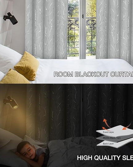 BUHUA Floral Branch Print Blackout Curtains for Living Room Darkening Curtains Print Pattern Light Blocking Curtains for Bedroom 52W×63L Silver Grey 2 Panels