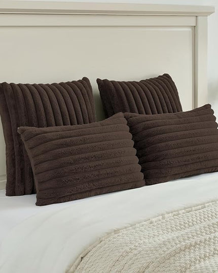 FUTEI Dark Coffee Throw Pillow Covers Set of 2, 20x20 Inch Striped Texture Cushion Cases with Soft Faux Rabbit Fur Front & Velvet Back, Modern Decorative Couch Pillows for Living Room
