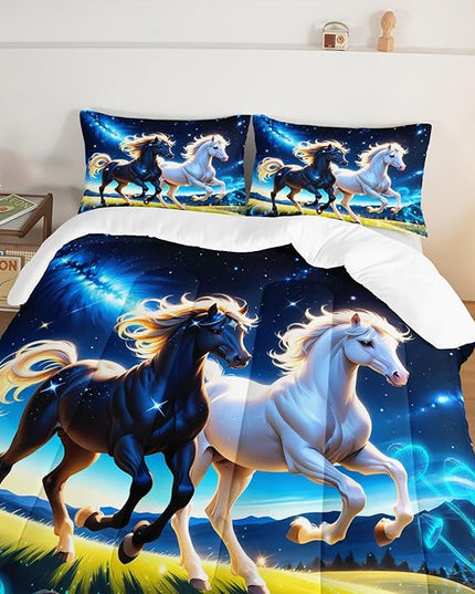 Western Bedding Sets Queen Size,Farmhouse Animal Theme Prairie Galloping Horse Comforter Set for Kids Girls Boys Room Decor,Dreamy Starry Sky Background Bedding Set with 2 Pillowcases.