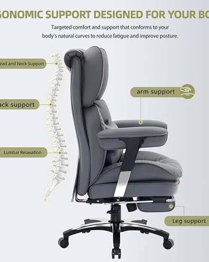 Efomao Big and Tall Office Chair with Footrest – High Back Computer Chair with Adjustable Armrests，Executive Office Chair with Wide Seat, Modern Desk Chair for Home Office, Gaming, or Study, Grey