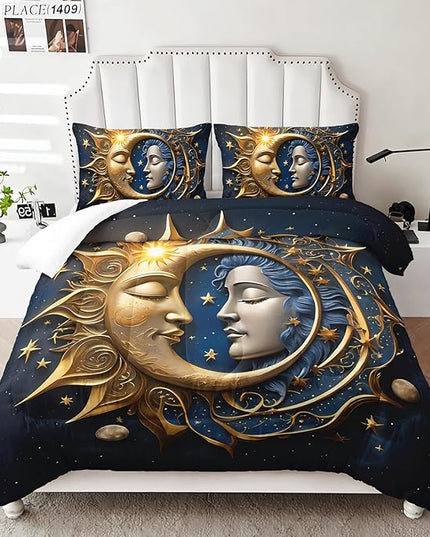 AILONEN Sun and Moon Comforter Set Queen Size, Boho Exotic Style Bedding Sets for Boys Girls Adult,Blue Gold Bohemian Mandala Decor Comforter 3 Pieces, Bohemian Celestial Comforter with 2 Pillowcases