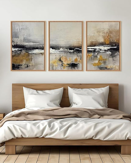 HOURIA Abstract Neutral Brown Tan Canvas Framed Wall Art Set,Textured Grunge Beige Wall Decor,Minimalist Black White Brush Stroke Artwork,Pastel Minimal Zen Print for Living Room,Bedroom-16 x24 x3