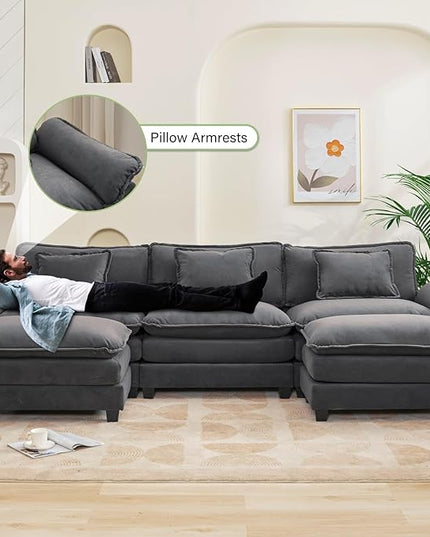 120" Modular Sectional Sofa, Comfy Cloud Couch Sectional Sofa with Ottoman, Chenille Sofa Sleeper Deep Seat Sofa with Throw Pillows for Living Room (Blue Gray, 120"- U Shape)