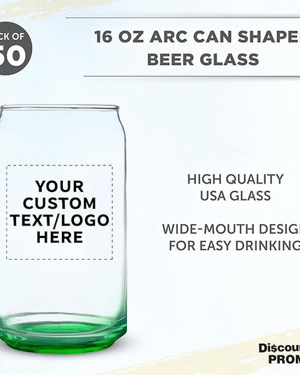 Custom Beer Can Glasses Set of 50, 16 oz. Pint Sized, Promotional Text, Logo, Soda Can Shape, Glassware, Green