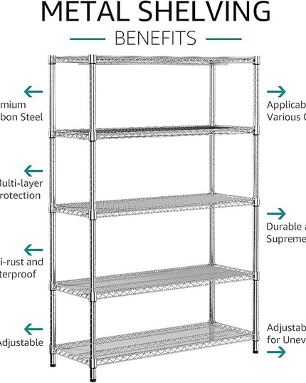 IZEUK 4250 LBS Garage Shelving Wide Storage Shelves 5 Tier Metal Shelves Heavy Duty Adjustable Utility Shelf Rack Chrome 17.7" D x 59.1" W x 70.4" H