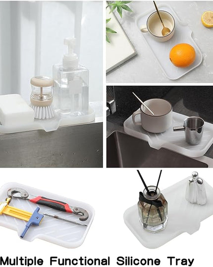Silicone Bathroom Soap Dishes with Drain Spout-Bathroom and Kitchen Sink Organizer,Sponge Holder,Dish Soap Tray,Perfect for Dispenser,Scrubber,Bottle,Cup on Counter Translucent 9.6"×5.3"