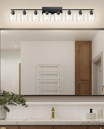 Modern 8 Light Bathroom Light Fixtures, 52 inch Vanity Lights for Bathroom with Clear Glass, Black Bathroom Light Fixture for Mirror Kitchen Living Room Hallway Cabinet Porch