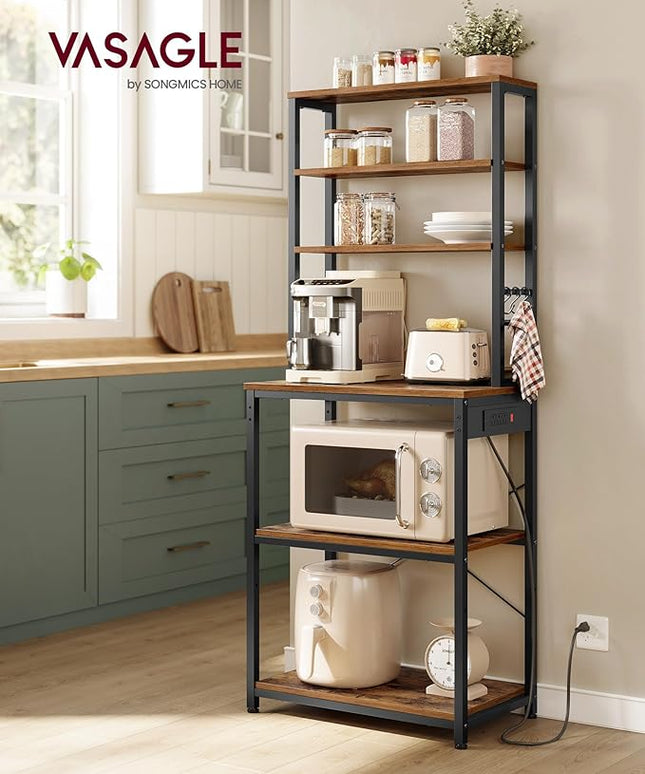 VASAGLE Bakers Rack with Power Outlet, 23.6 Inches Coffee Bar for Kitchen with Storage, 6-Tier Kitchen Shelves with 6 Hooks, Microwave Stand, Industrial, Rustic Brown and Ink Black UKKS124K03