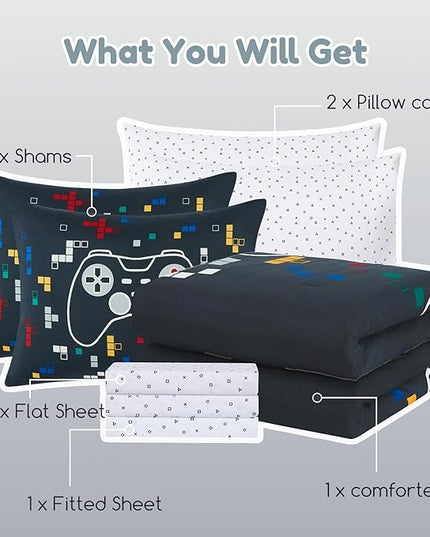 Full Size Comforter Set for Boys-7 Pieces Gamer Glow in The Dark Full Bedding Sets for Kids, Ultra Soft Bed in A Bag with Sheets