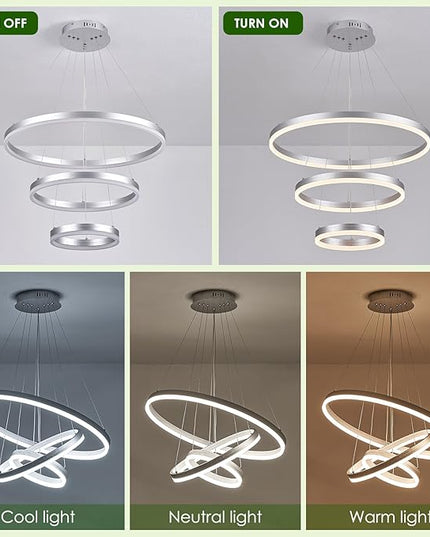 3-Rings D23.6 Modern LED Chandelier Silver Dimmable Pendant Lighting with Remote Control Circular Flush Mount High Ceiling Light for Dining Room Living Room Bedroom Entrance Foyer, 3000K-6500K