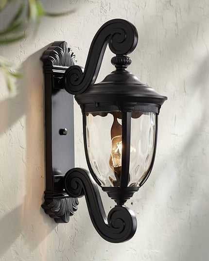 John Timberland Bellagio European Outdoor Wall Light Fixture Texturized Black Dual Scroll Arm 24" Clear Hammered Glass for Exterior House Porch Patio Outside Deck Garage Front Door Garden Home