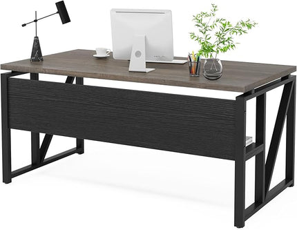 Tribesigns 55 inches Computer Desk with Bottom Storage Shelf Home Office Desk Writing Table for Workstation,Dark Walnut + Steel Leg， Cabinet not Included (Grey, 55-inch -with Shelf)