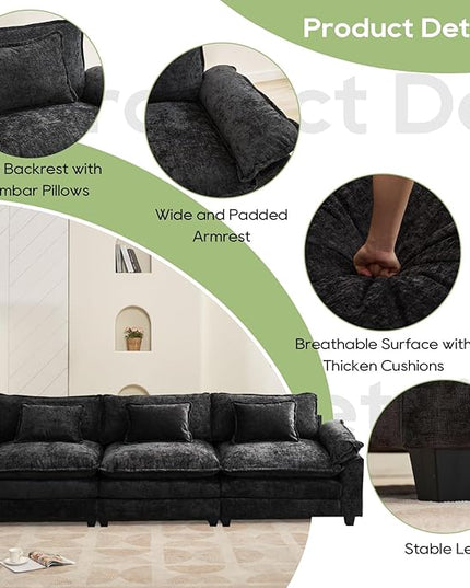 120" Modular Sectional Sofa, Comfy Cloud Couch Sectional Sofa, Chenille Sofa Sleeper Deep Seat Sofa with Throw Pillows for Living Room (Black, 120"- 3 Seater)