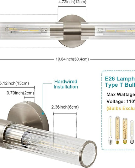 Bathroom Vanity Light Fixtures, Nickel Wall Sconces in Threaded Glass, Modern Wall Light for Bathroom Living Room Bedroom, Hallway