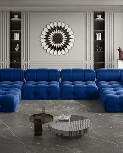 JACH 138" Modular Sectional Couches, U Shaped Minimalist Velvet Sofas, Convertible Sectional Sofa, Modern Comfy Couch with Chaise Ottomans for Living Room Apartment, (Blue)