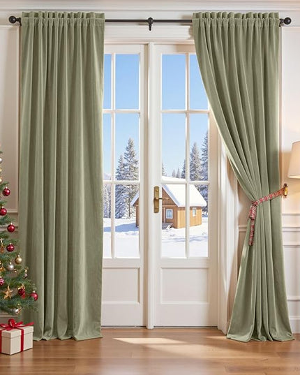 Lazzzy Velvet Blackout Curtains Thermal Insulated Room Window Drapes Super Soft Luxury Curtains for Living Room Bedroom Rod Pocket 2 Panels, Olive Sage, 52" W x 102" L