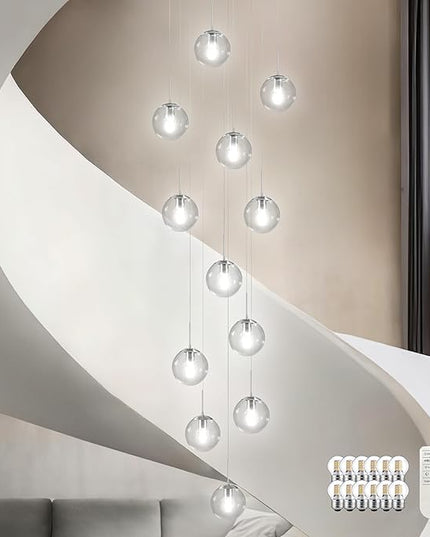 KoKo&Yukina 12-Light Nickel Mid Century Modern Chandelier for Living Room Staircase Chandelier for Entryway Clear Globe Glass Chandelier High Ceiling Chandeliers Foyer Entryway (Bulb & Remote Incl.)