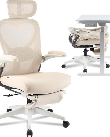 FLEXISPOT Foldex Ergonomic Office Chair, Folding Chair for Small Spaces with Lumbar Support, Flip-up Armrests, 3D Headrest, Desk Chairs with Footrest for Work,Video Game (Foam Seat, Cream)