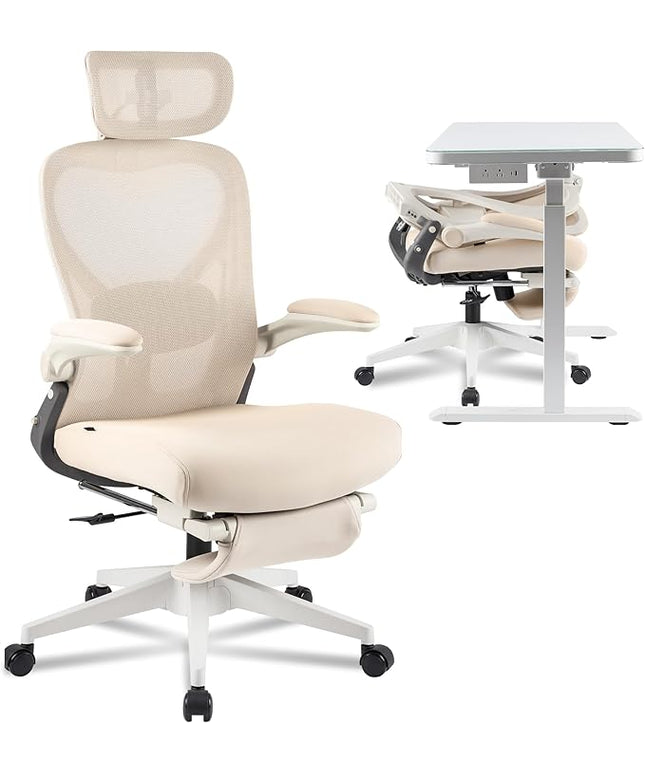 FLEXISPOT Foldex Ergonomic Office Chair, Folding Chair for Small Spaces with Lumbar Support, Flip-up Armrests, 3D Headrest, Desk Chairs with Footrest for Work,Video Game (Foam Seat, Cream)