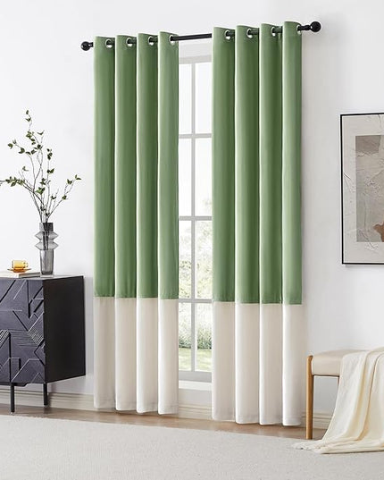 BULBUL Color Block Window Curtains Panels 120 inches Long Sage Green Ivory Velvet Farmhouse Drapes for Bedroom Living Room Darkening Treatment with Grommet Set of 2