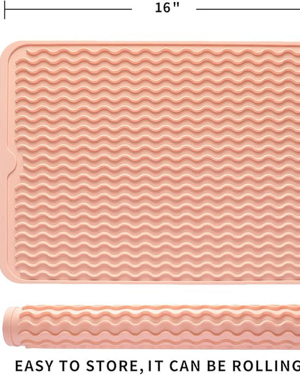 Silicone Dish Drying Mat for Multiple Usage,Easy clean,Eco-friendly,Heat-resistant Silicone Mat for Kitchen Counter or Sink,Refrigerator or drawer liner Pink L 16 inches x 12 inches